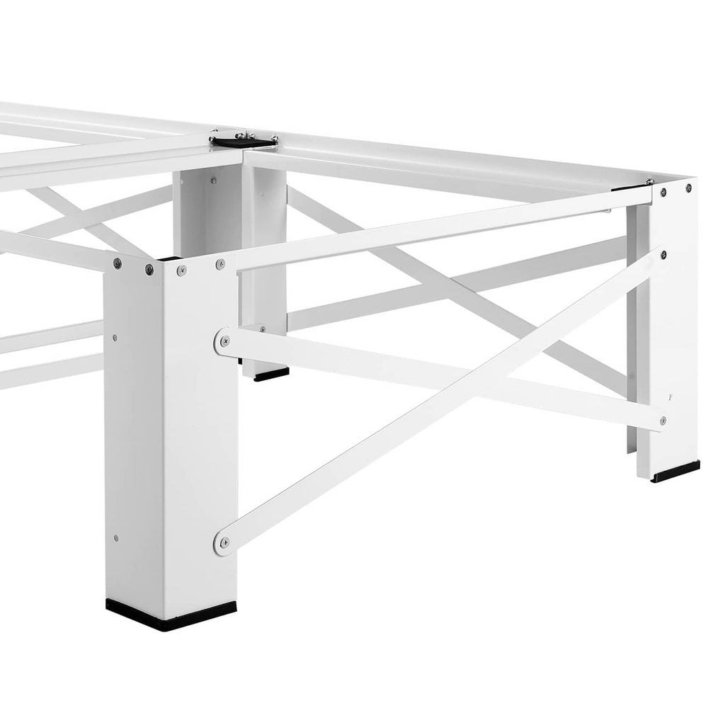 White metal laundry pedestal base frame with support legs and adjustable feet