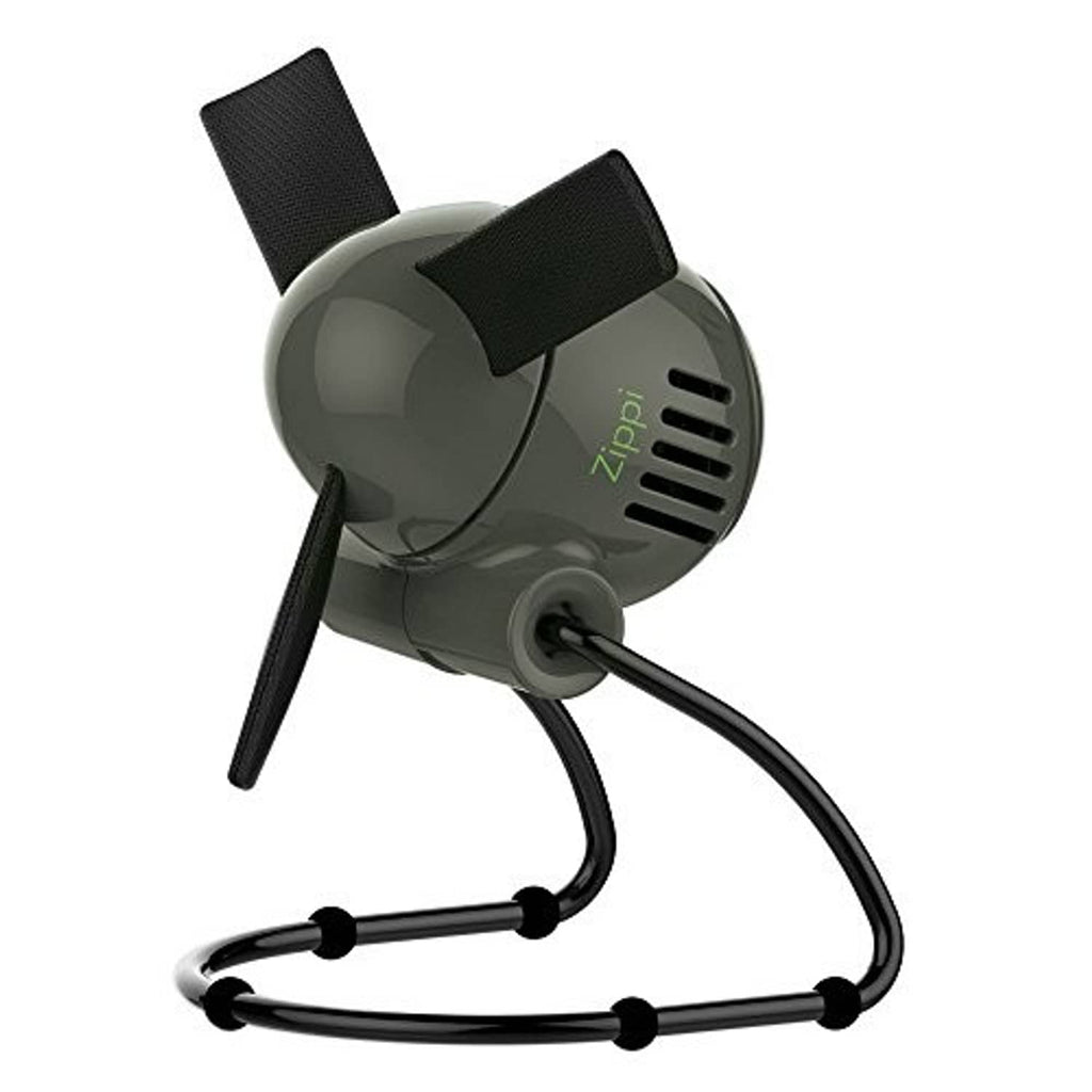 Dark gray foldable desk fan with vented front and adjustable flexible arms