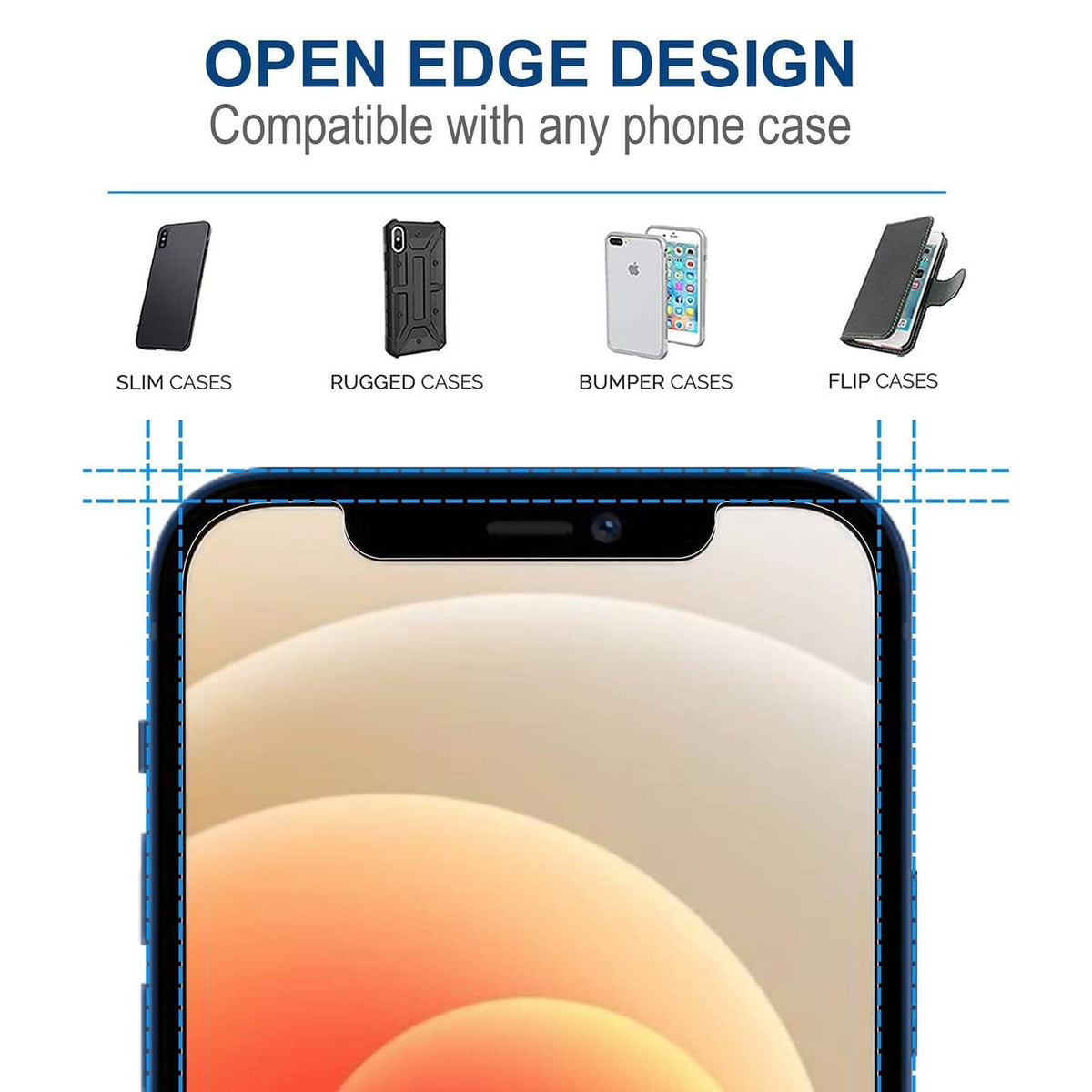 Tempered glass screen protector with open-edge design for phone case compatibility