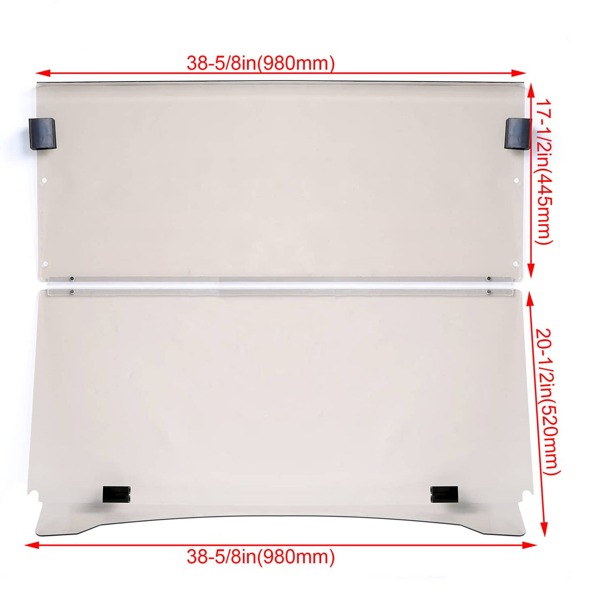 Tinted folding windshield panel with corner mounting brackets and side tabs