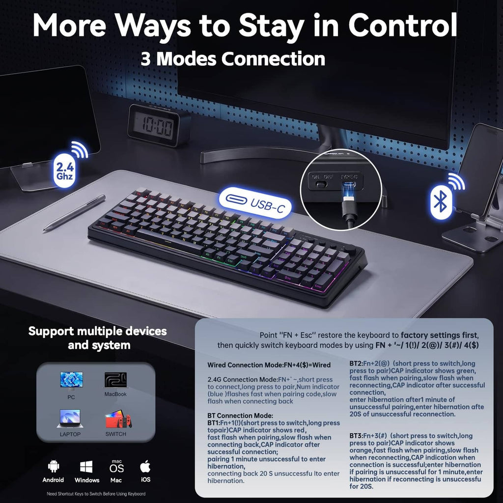 Black RGB gaming keyboard with USB-C port and multi-device connection icons.