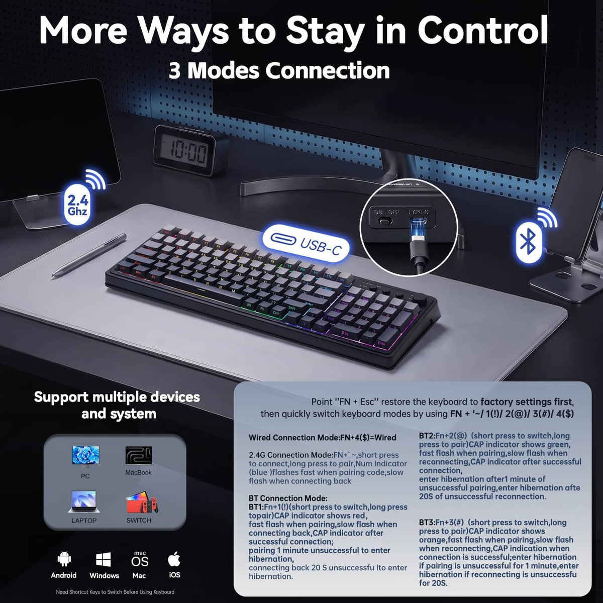 Black RGB gaming keyboard with USB-C port and multi-device connection icons.