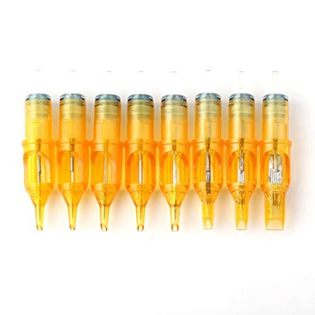 Line of orange disposable tattoo needles with metallic caps