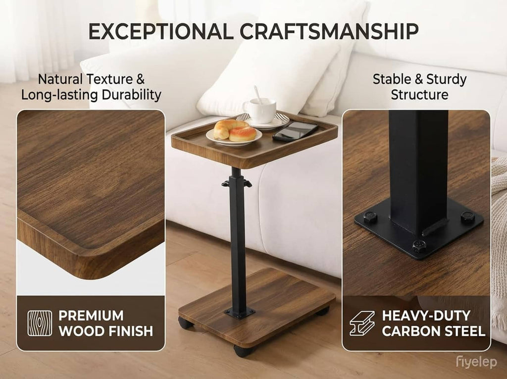 Adjustable side table with wood top and black stand, featuring sturdy wide base