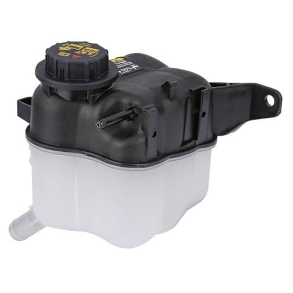 Engine coolant expansion tank with black cap and outlet tube, black top over white reservoir