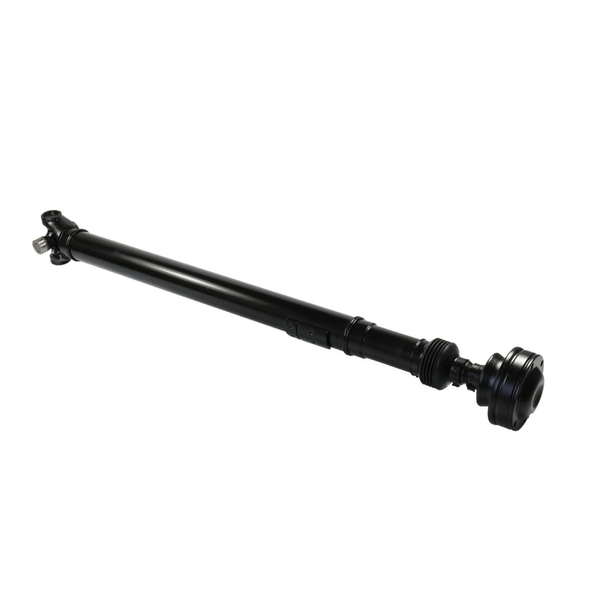 Front drive shaft propeller shaft, black with protective tube and end coupling.