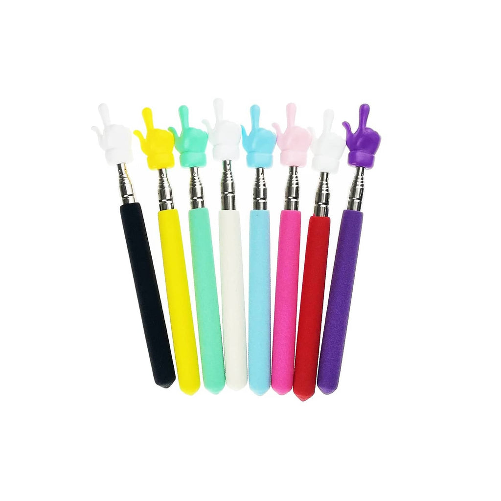 Telescopic teacher finger pointers lineup in multiple colors with white finger grips