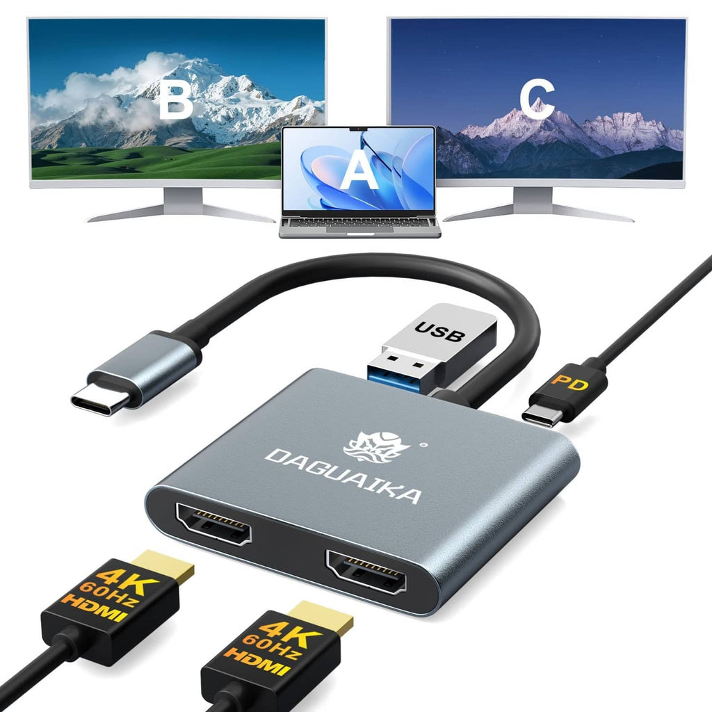 Grey USB-C to dual HDMI adapter with two HDMI ports and USB-A connectors, cables shown