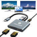 Grey USB-C to dual HDMI adapter with two HDMI ports and USB-A connectors, cables shown