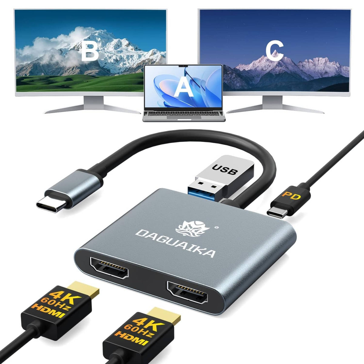 Grey USB-C to dual HDMI adapter with two HDMI ports and USB-A connectors, cables shown