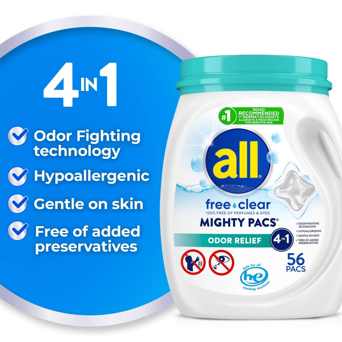 all free clear Mighty Pacs detergent jar with teal cap and 4-in-1 feature badge