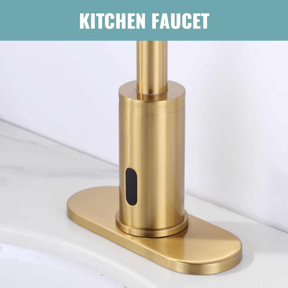 Gold kitchen faucet deck plate with tall spout and round base