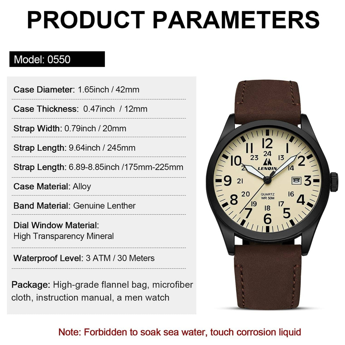 Men's analog sport watch with brown leather strap and beige dial, black bezel, crown at right.