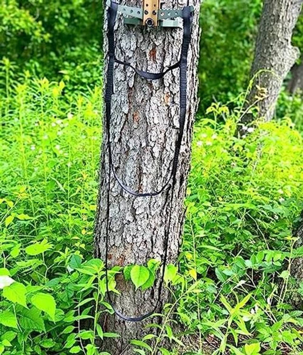 Two-step climbing aider secured around a tree trunk with webbing straps