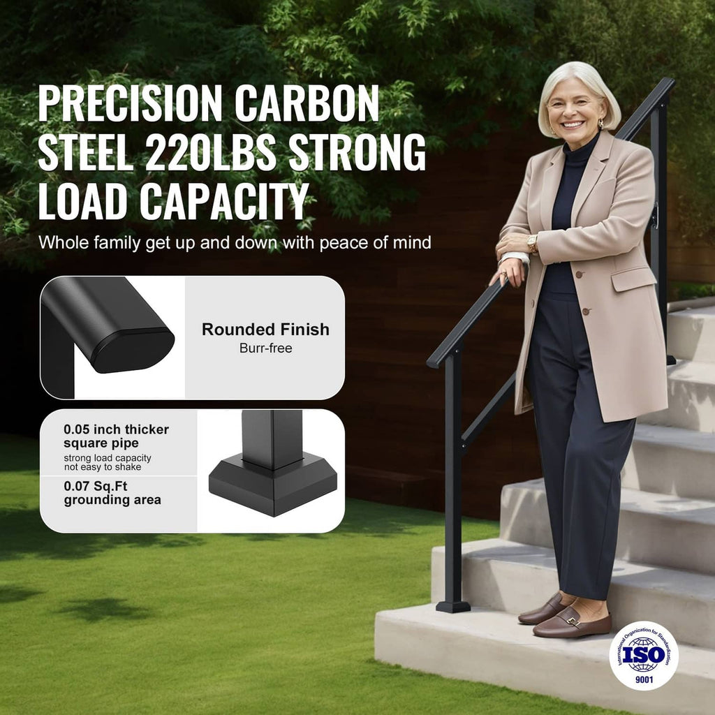 Black carbon steel porch handrail with angled grip rail and two square posts