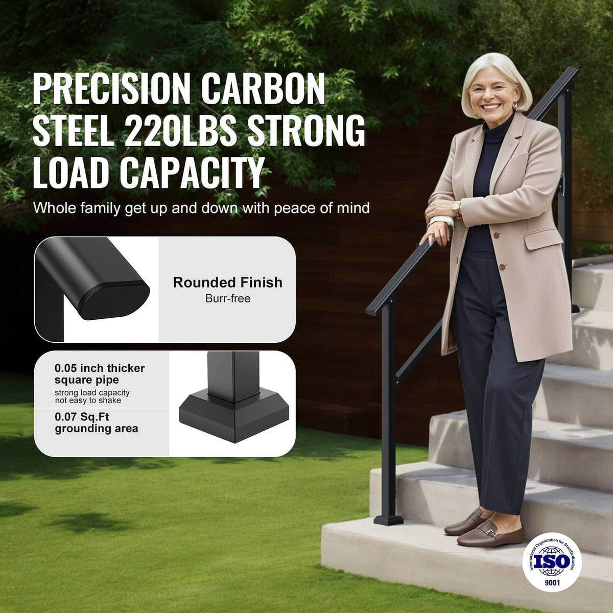 Black carbon steel porch handrail with angled grip rail and two square posts