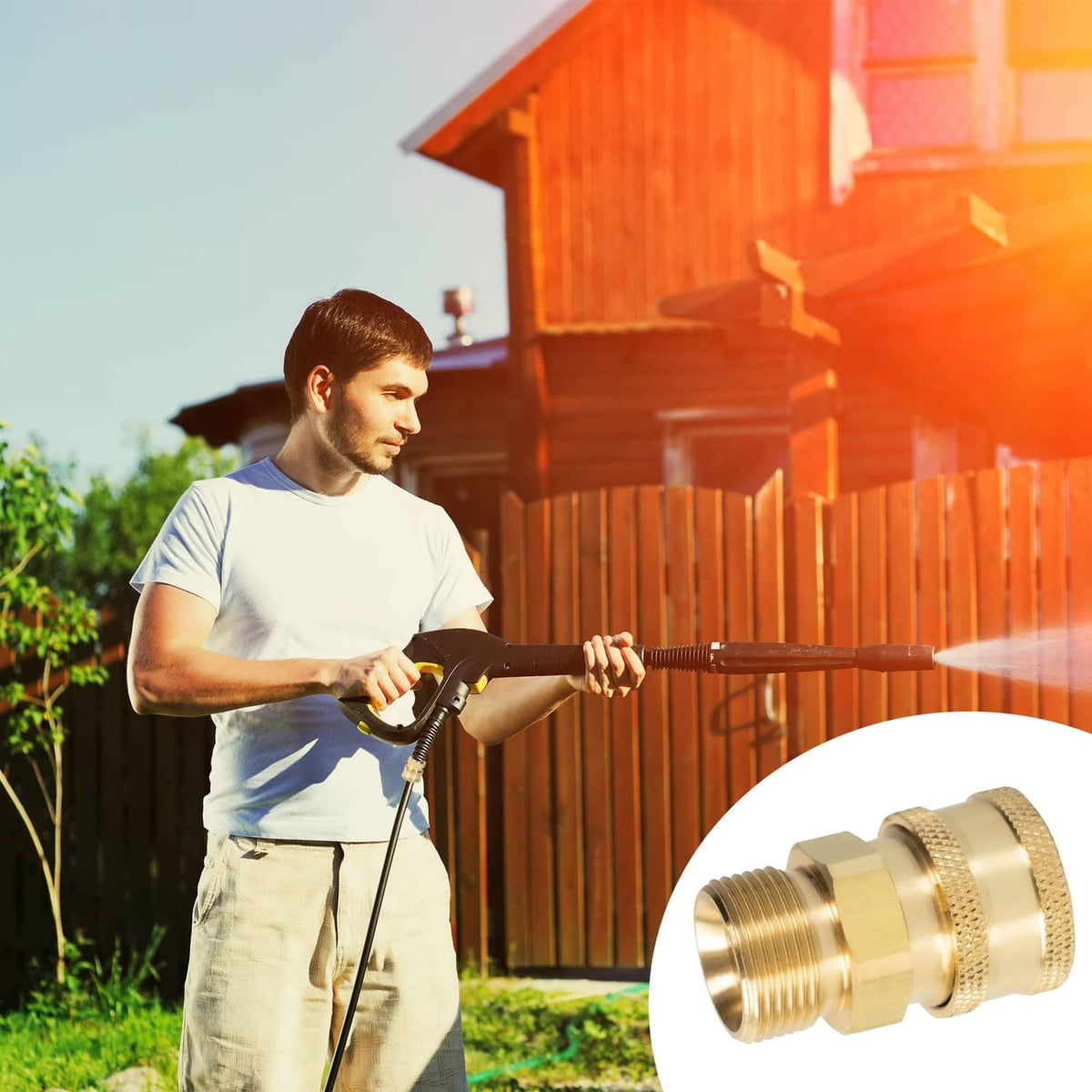 Brass quick-connect fitting on pressure washer hose for outdoor cleaning