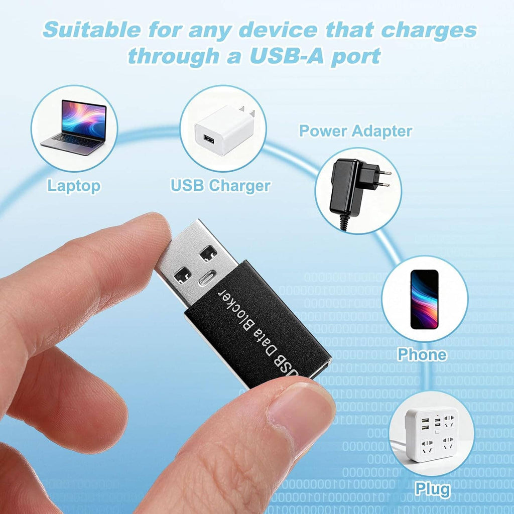USB-A data blocker adapter being held, black body with silver USB-A plug