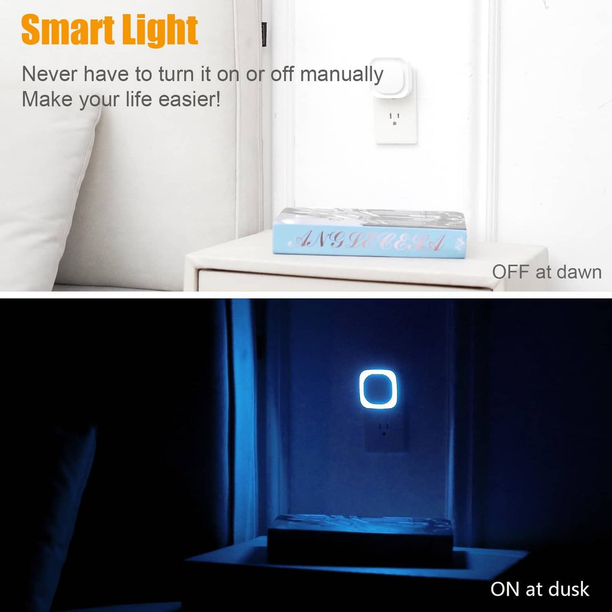 Plug-in night light turns off at dawn and shows a blue glow at dusk