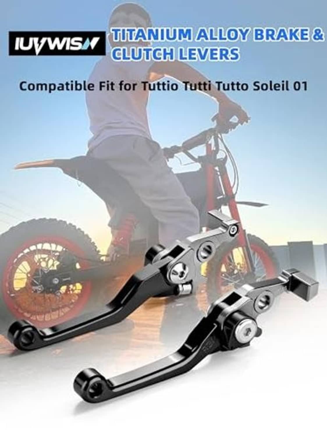 Silver and black brake and clutch levers mounted on an electric dirt bike handlebar