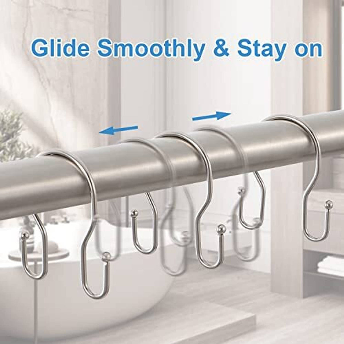 Double shower curtain hooks on rail, smooth sliding silver loops with ball tips