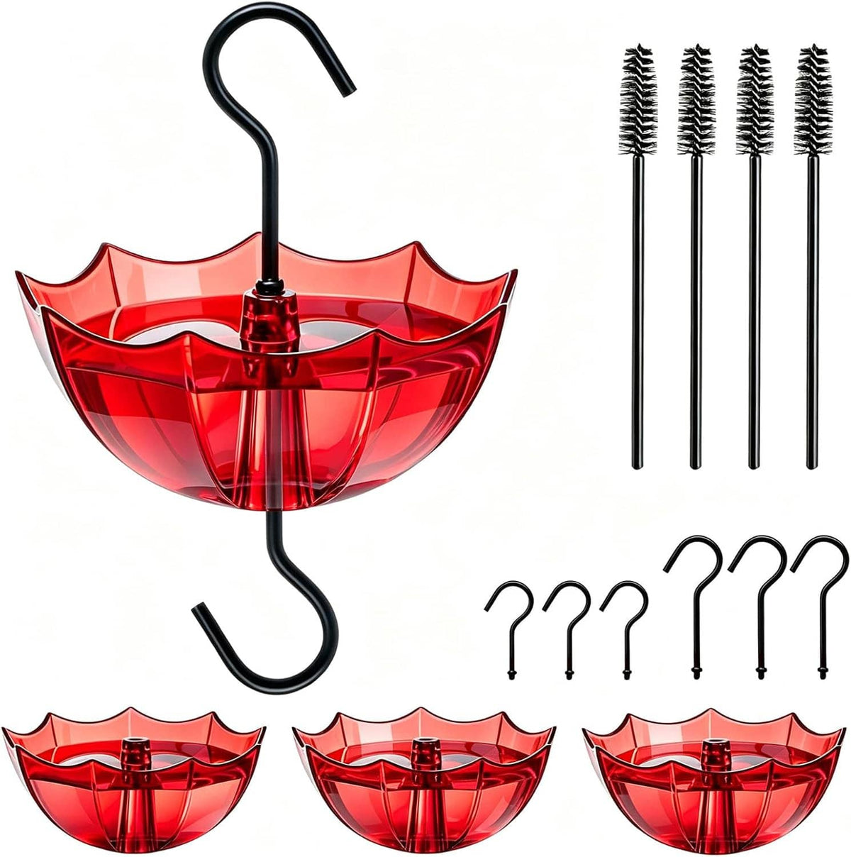 Red ant moat tray with black hanging hook and included ant guard spikes, feeder kit