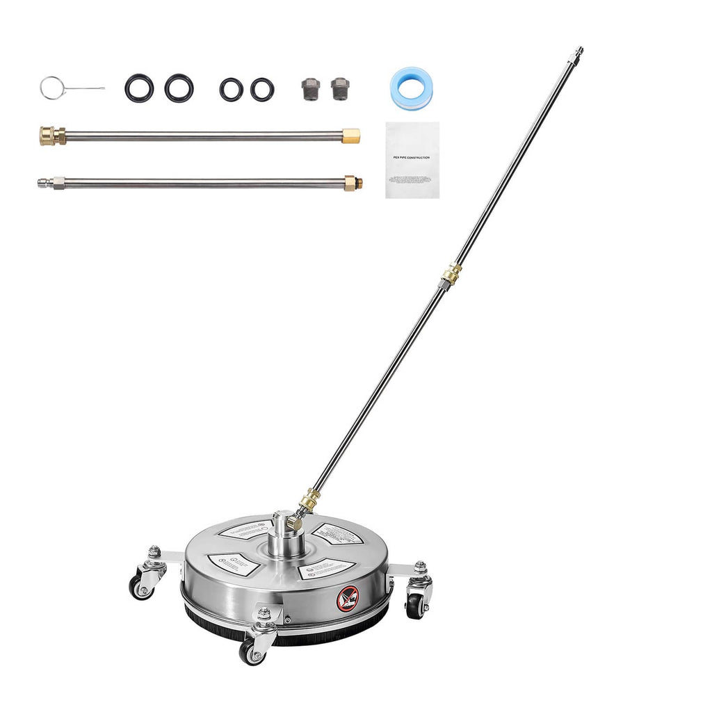 Pressure washer surface cleaner with 4 swivel wheels and rotating steel disc head