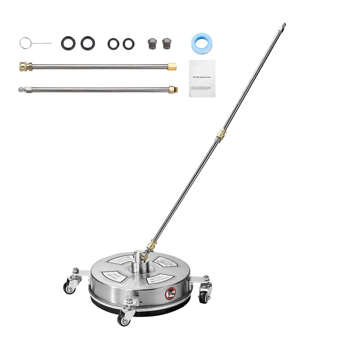 Pressure washer surface cleaner with 4 swivel wheels and rotating steel disc head