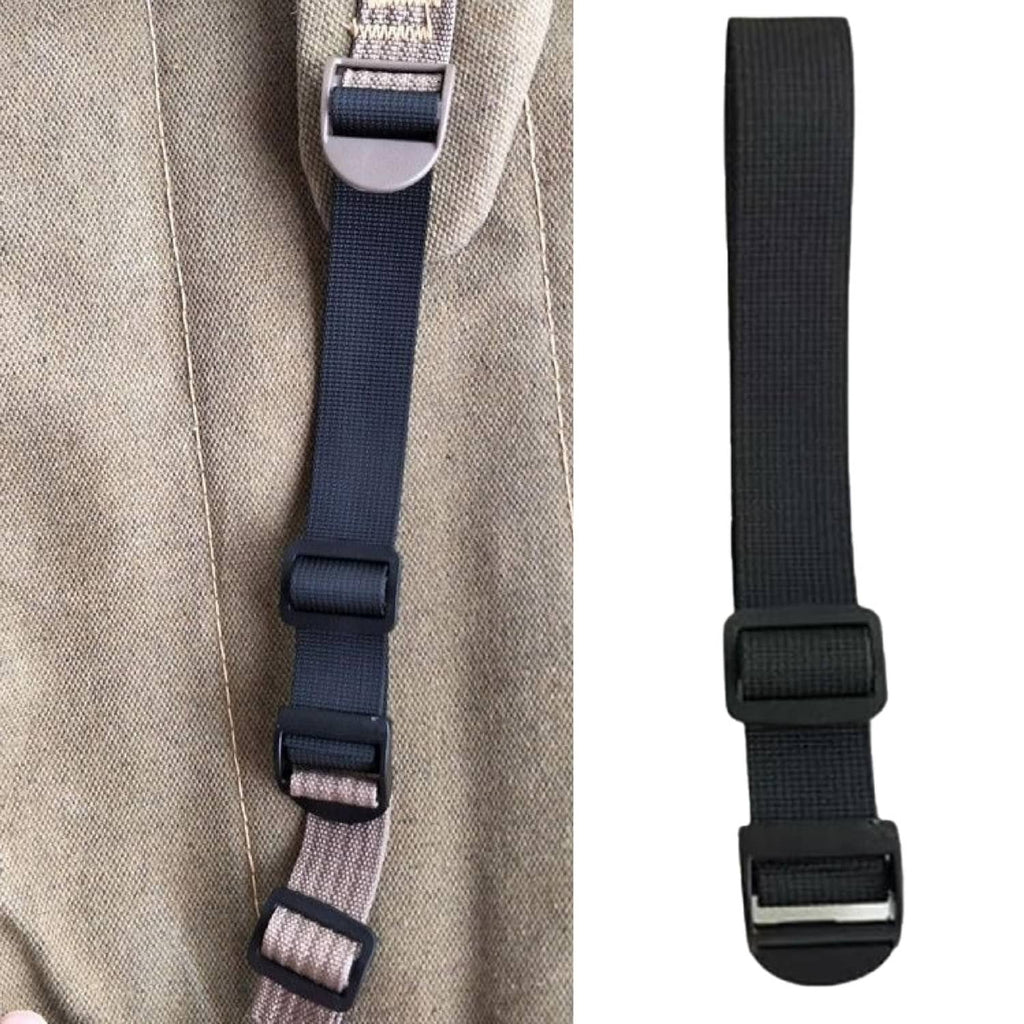 Adjustable webbing strap with metal buckle and extra adjustment slots.