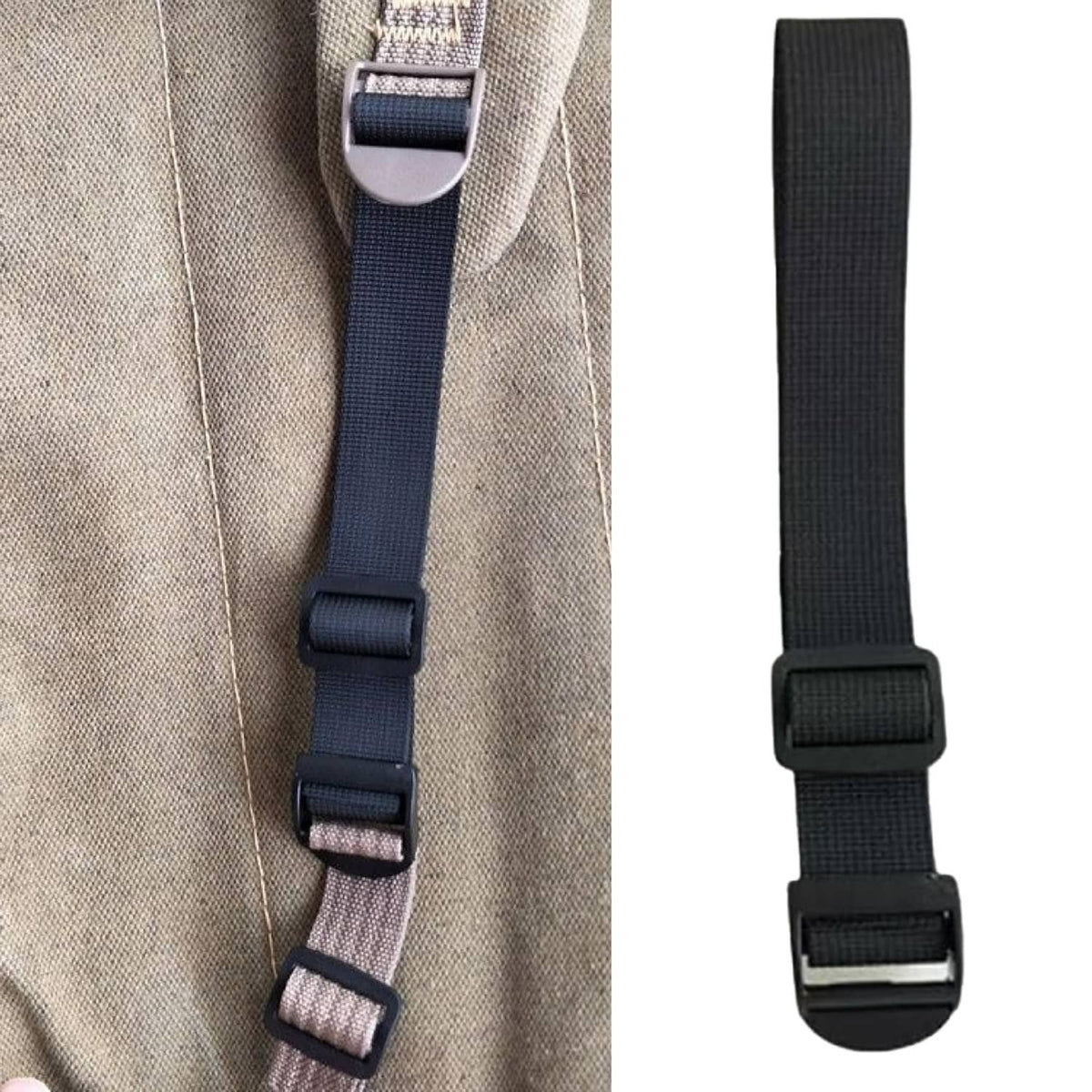 Adjustable webbing strap with metal buckle and extra adjustment slots.