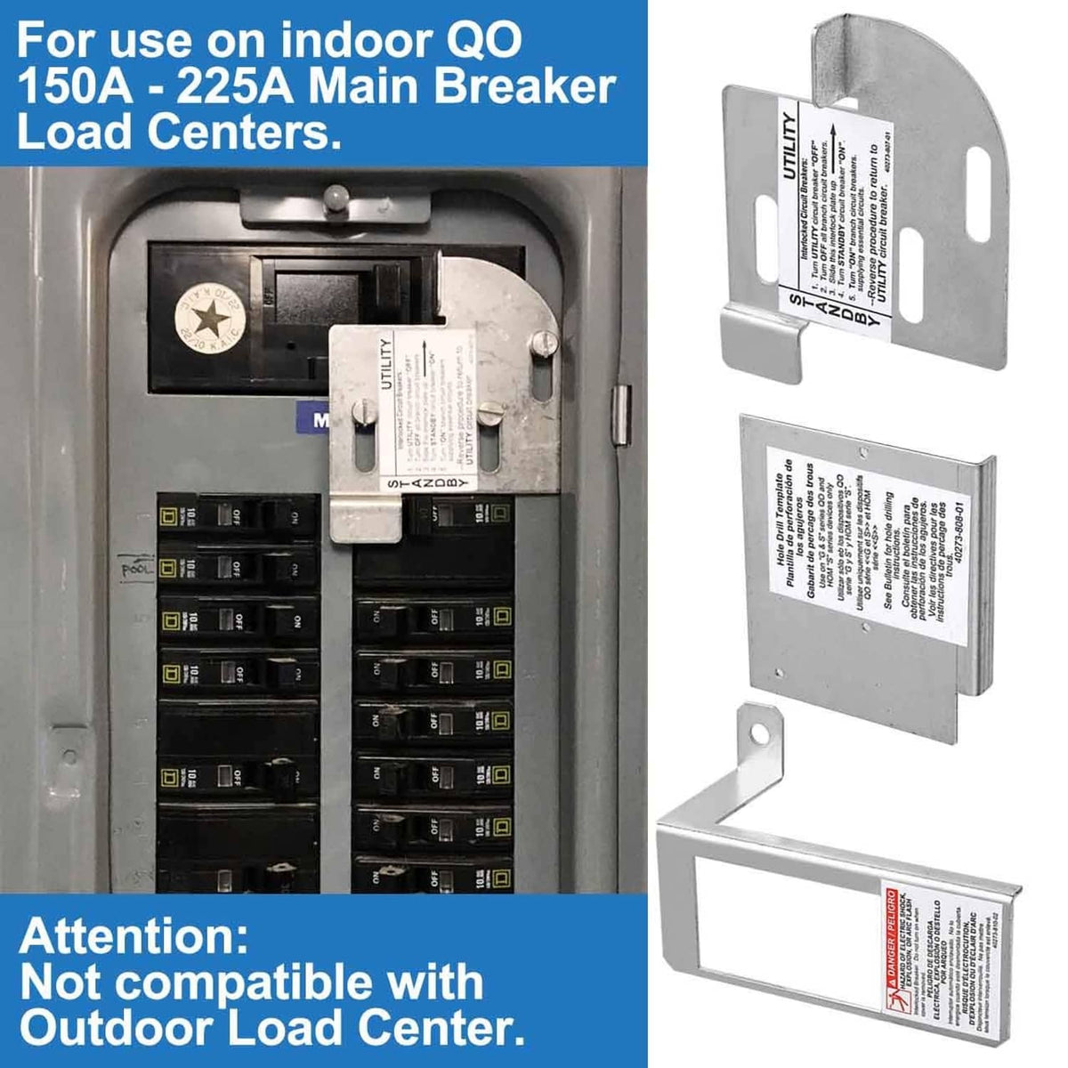 Generator interlock kit brackets and labels for indoor QO main breaker load centers