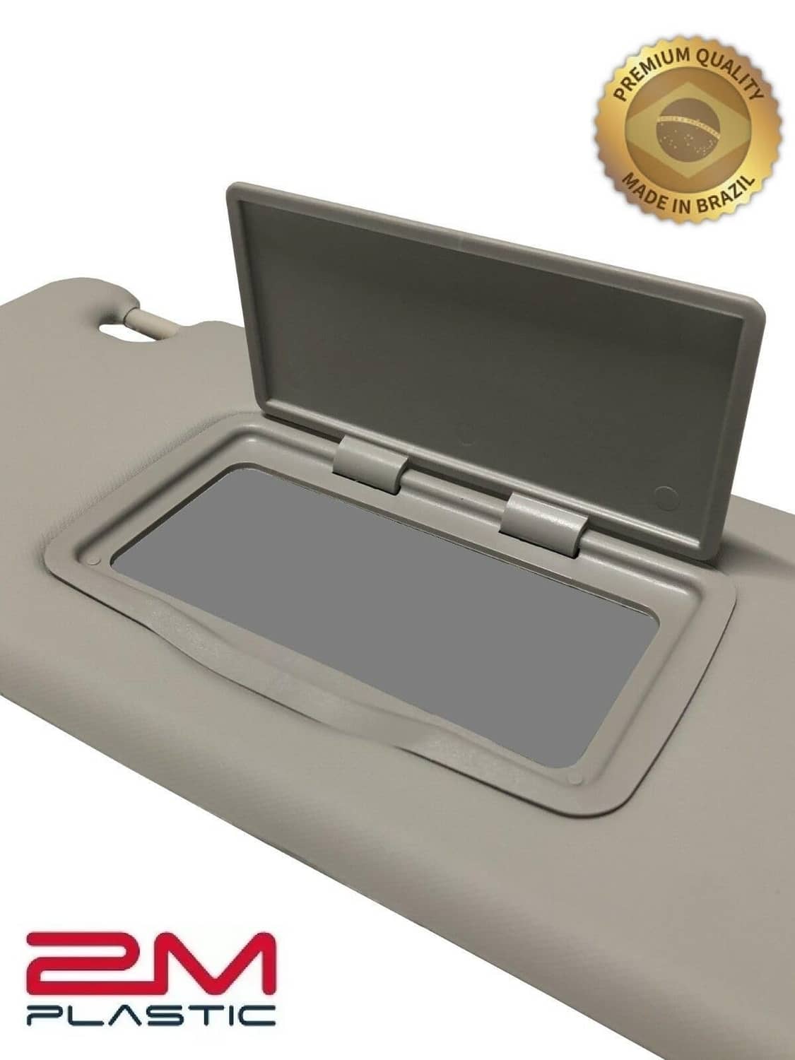 Gray sun visor with open vanity mirror cover and hinge, PM Plastic