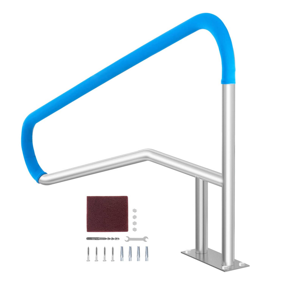 Stainless steel pool handrail with blue padded grip and U-shaped support frame