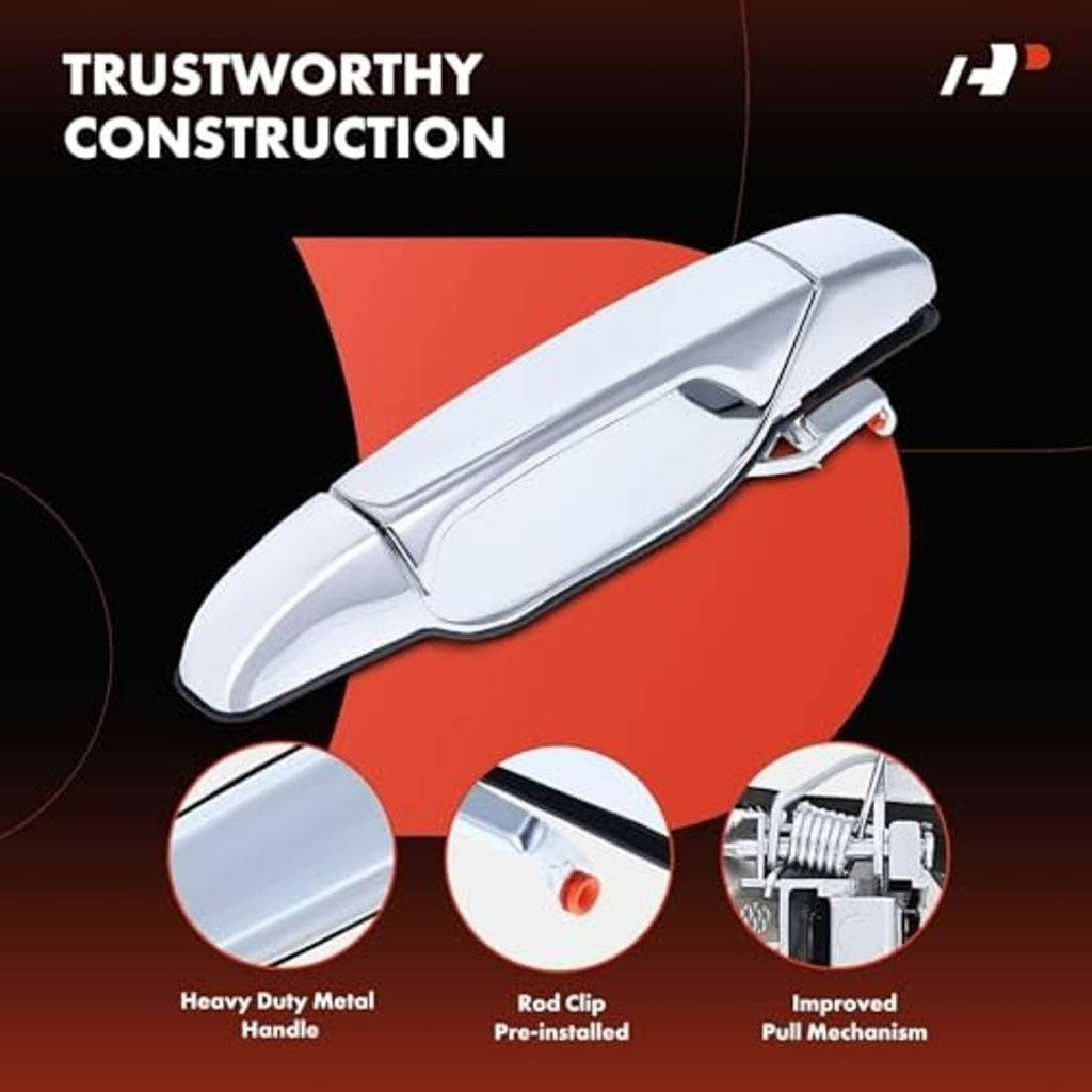 Chrome exterior door handle with extended metal lever, front right
