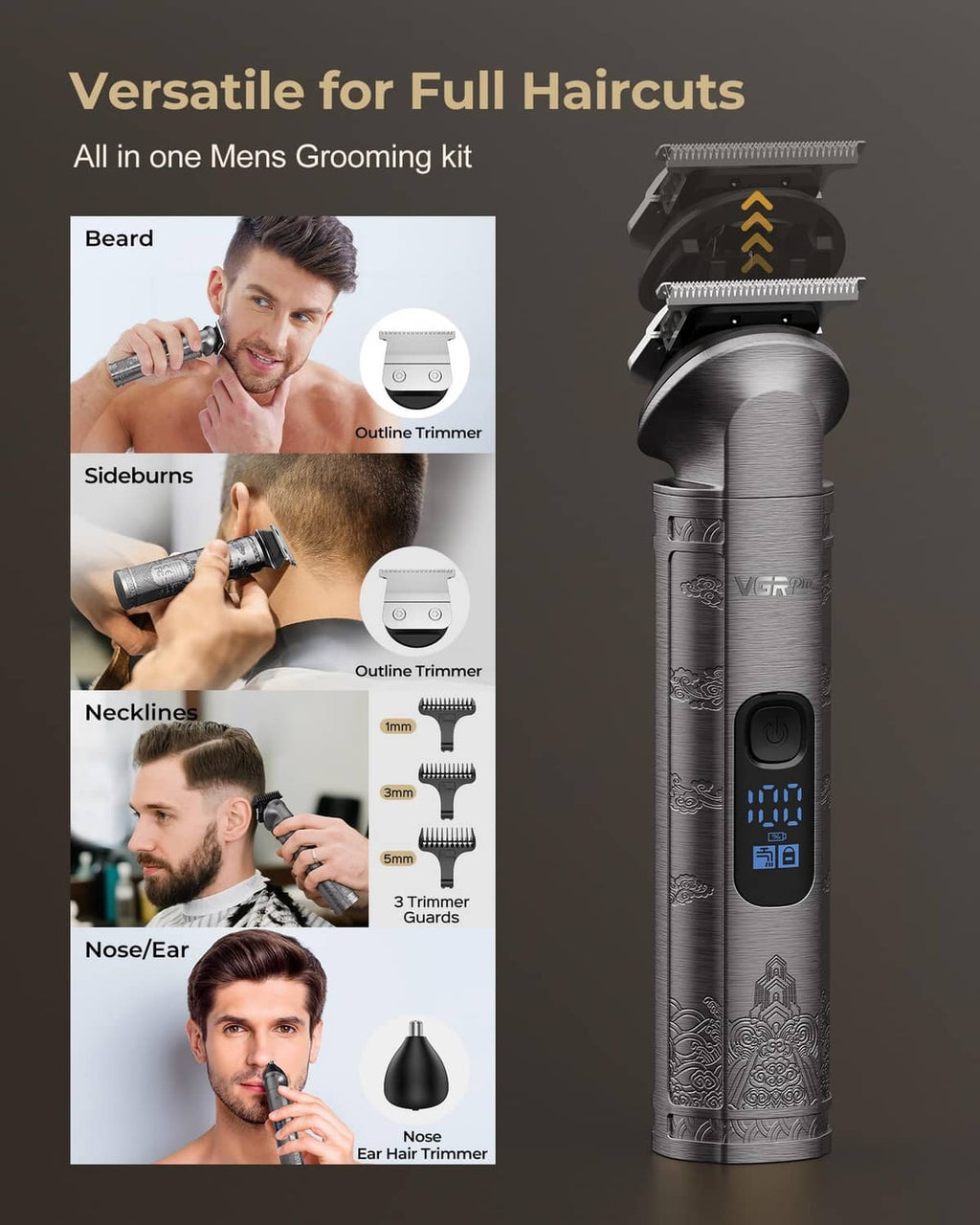 Cordless gray men’s hair clipper with multiple trimming guide combs