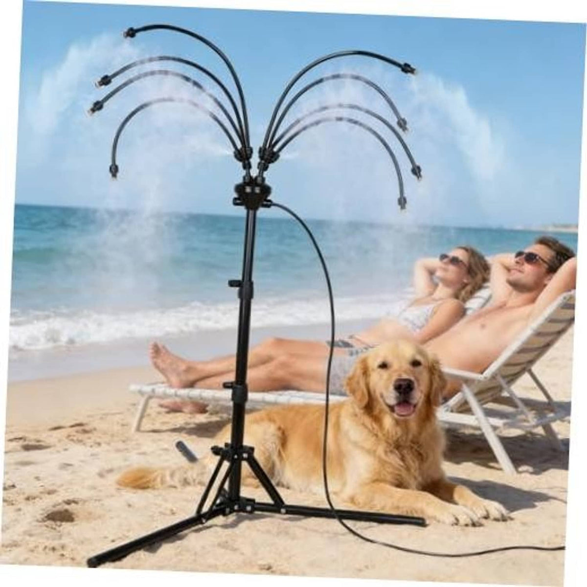 Outdoor standing misting system on tripod with 8 curved nozzle hoses over yard sand