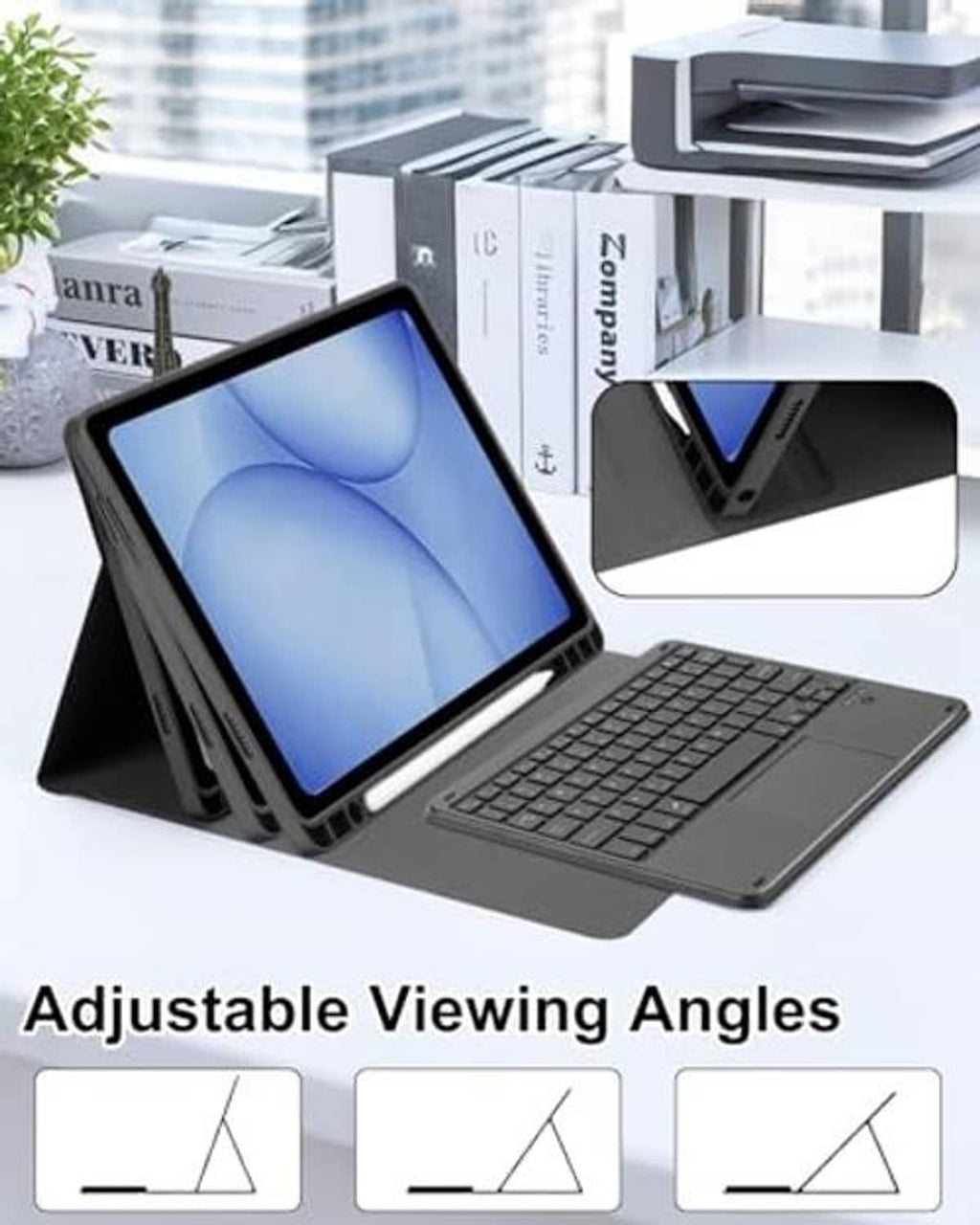 Black keyboard case with adjustable viewing angles and attached tablet, keyboard docked