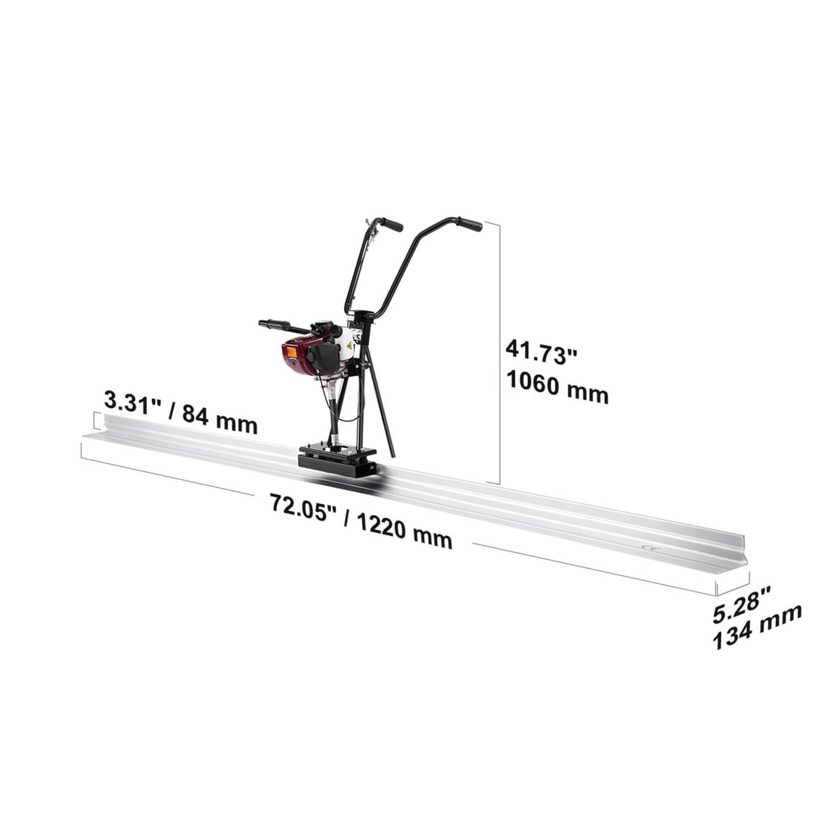 Concrete power screed with white 4 ft blade and black engine frame, labeled size guide