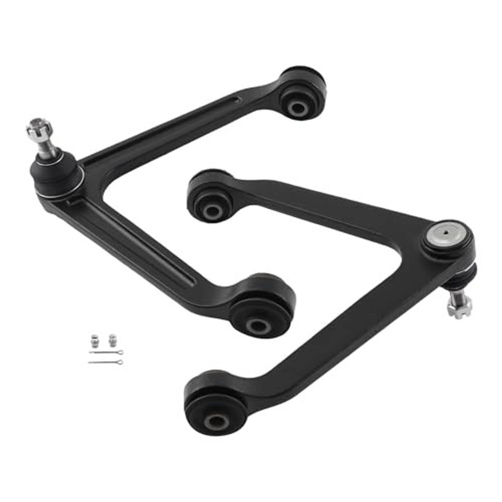 Two-piece front upper control arms with ball joints, black arms with bushings