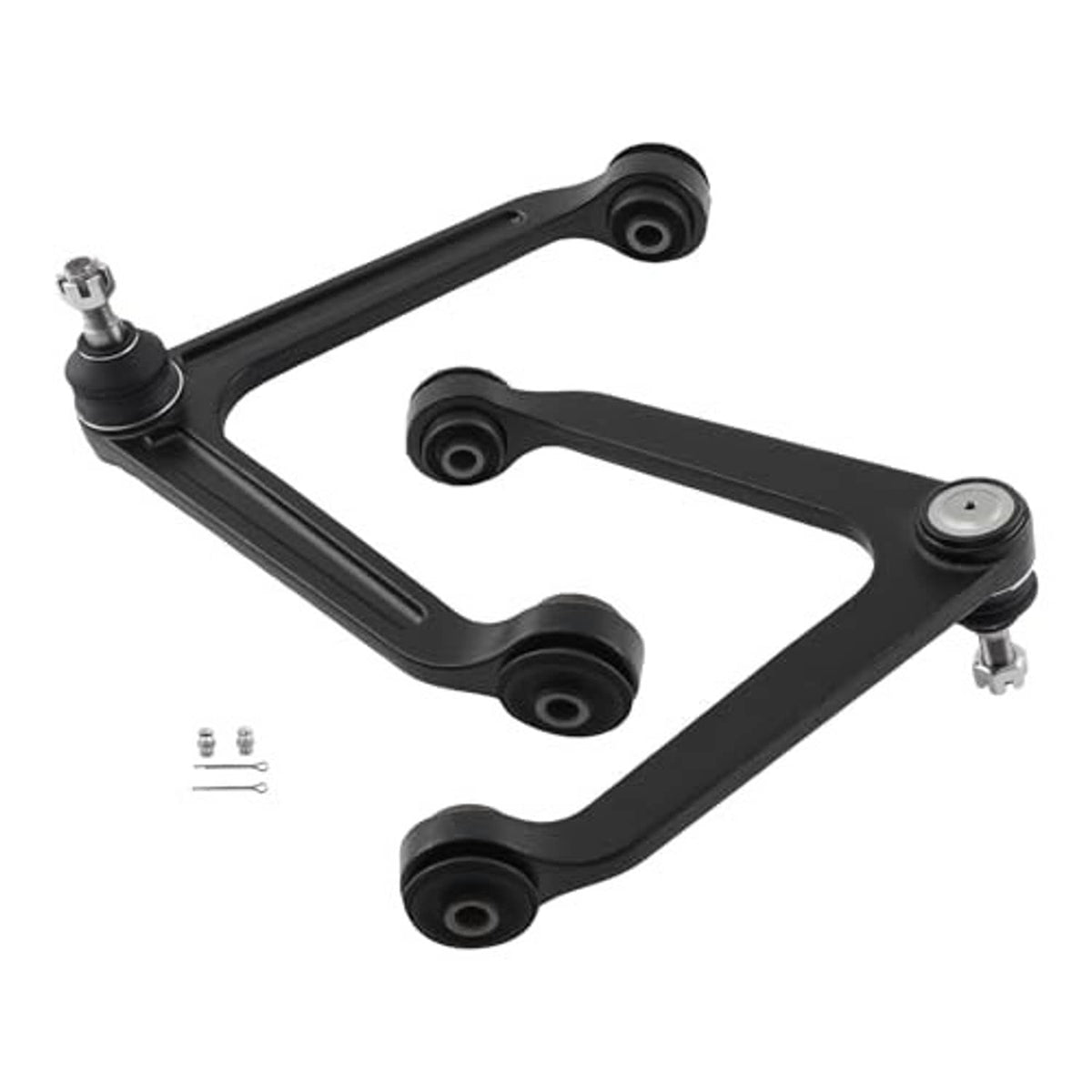 Two-piece front upper control arms with ball joints, black arms with bushings