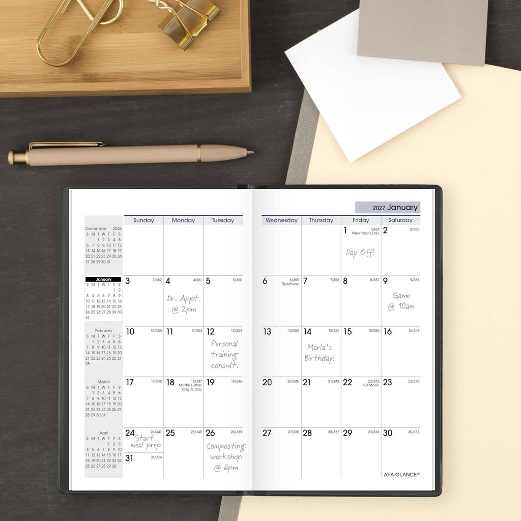 Open AT-A-GLANCE 2027 monthly planner showing January calendar grid
