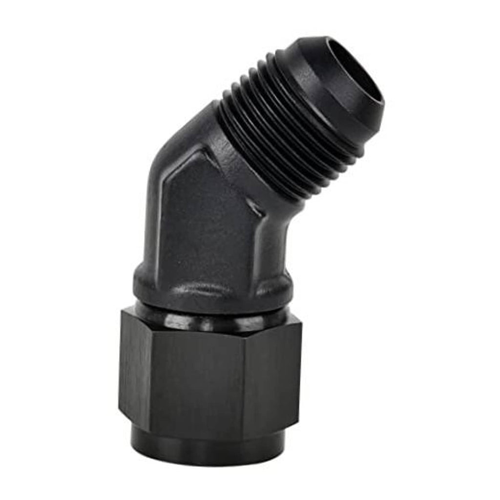 Black aluminum 45-degree AN flare swivel adapter fitting, curved elbow with threaded ends