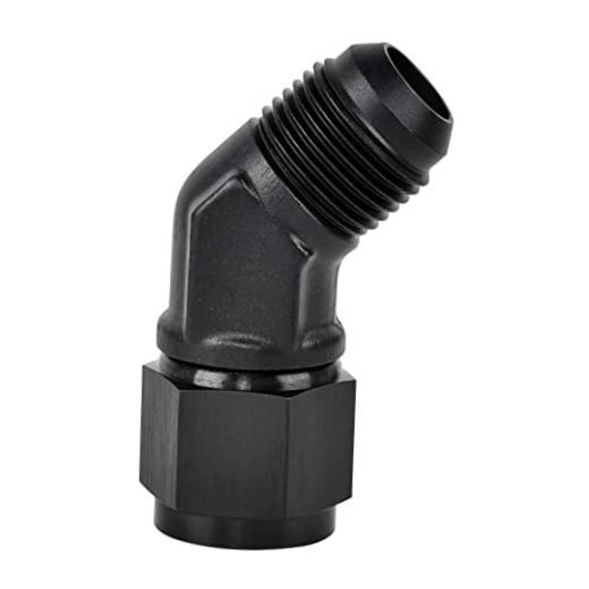Black aluminum 45-degree AN flare swivel adapter fitting, curved elbow with threaded ends