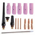 TIG welding torch consumables set with purple collet nozzles, copper parts, and electrodes