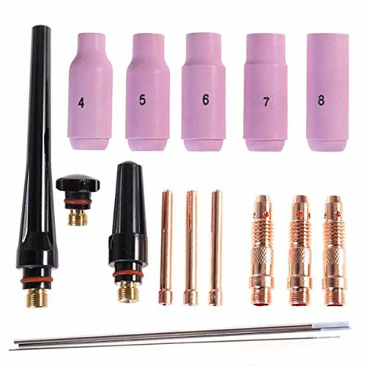 TIG welding torch consumables set with purple collet nozzles, copper parts, and electrodes