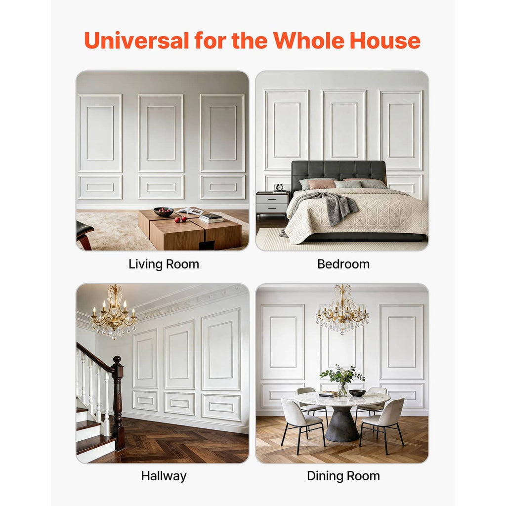 White wall molding kit shown in living room, bedroom, hallway, and dining room layouts