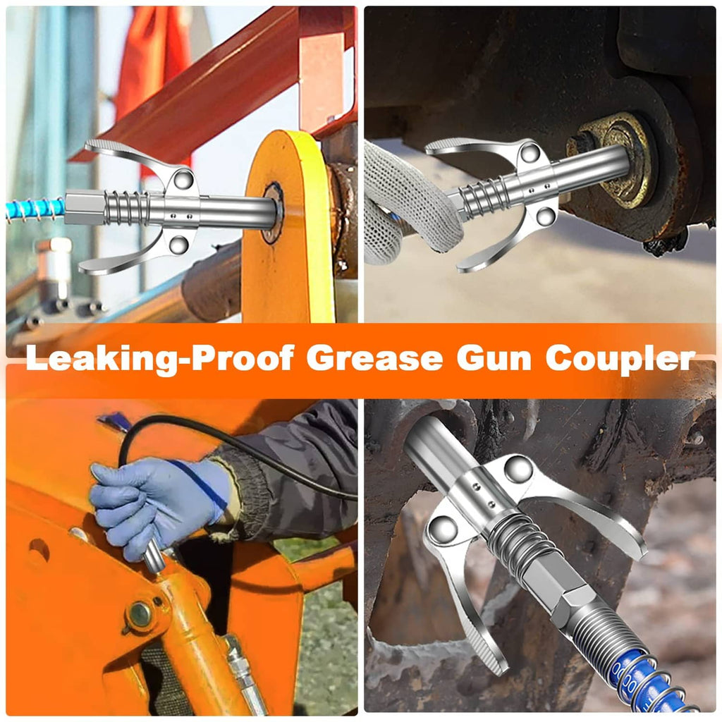 Grease coupler locking over a grease gun nozzle, with coiled spring mechanism