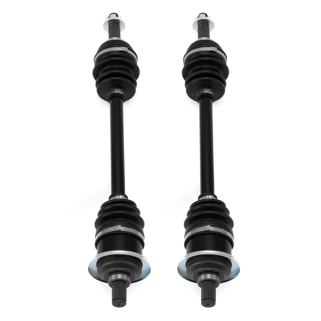 Pair of CV joint axles with black rubber boots, metal hubs, and bolt studs