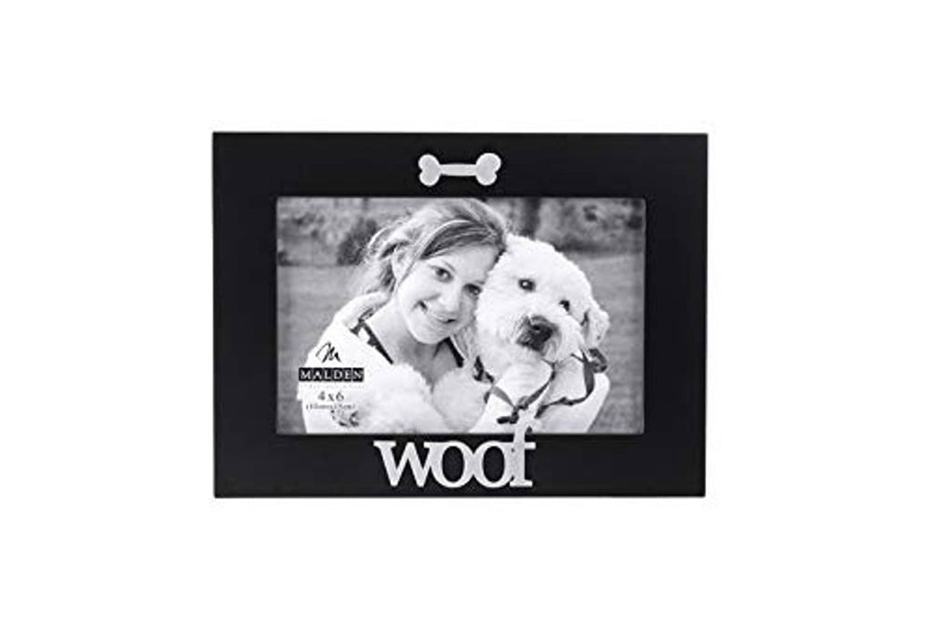 Black wood pet photo frame with bone topper and 'Woof' word detail, 4x6