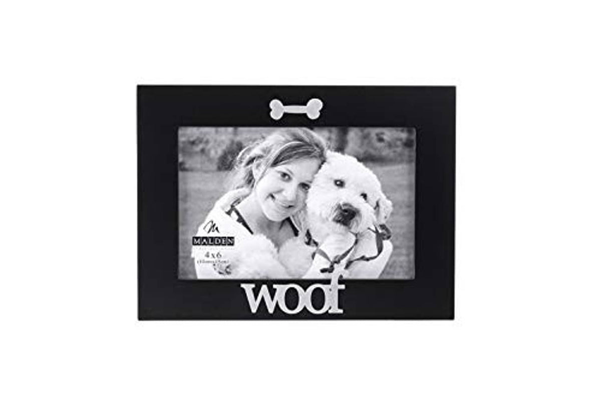Black wood pet photo frame with bone topper and 'Woof' word detail, 4x6